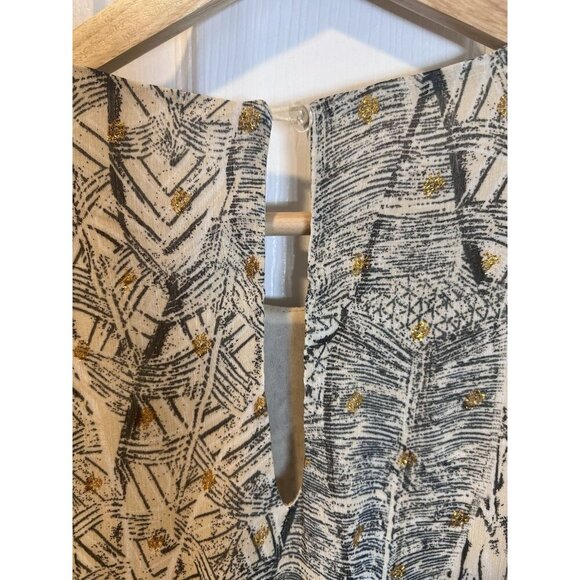 En Creme Ivory Grey Gold Embellished Large Long Sleeve Dress Mini Key Hole Neck - Picture 7 of 8